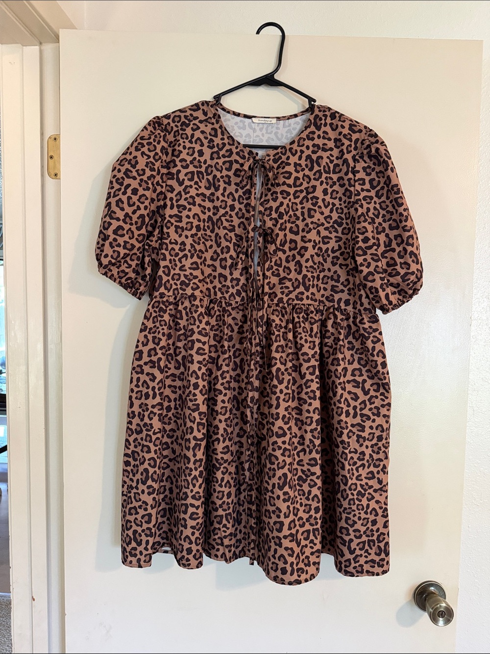 Leopard Print Puff-Sleeve Casual Dress - Brown